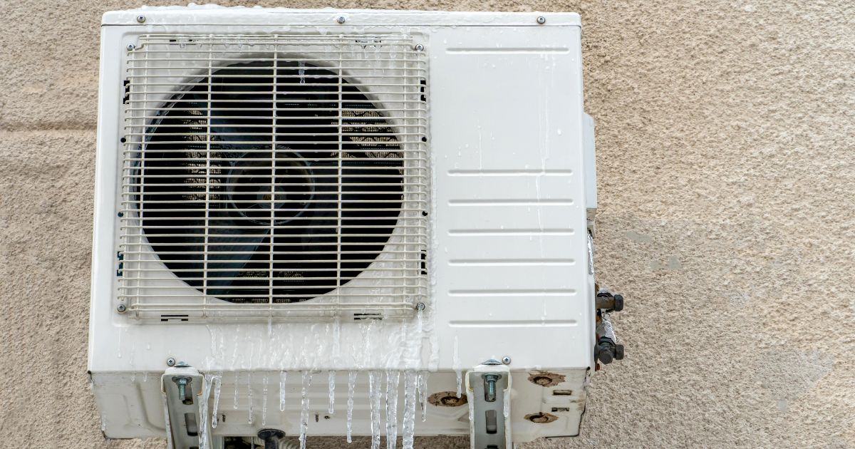 Een warmtepomp die tegen een muur hangt en ijsvorming op de buitenunit heeft. 