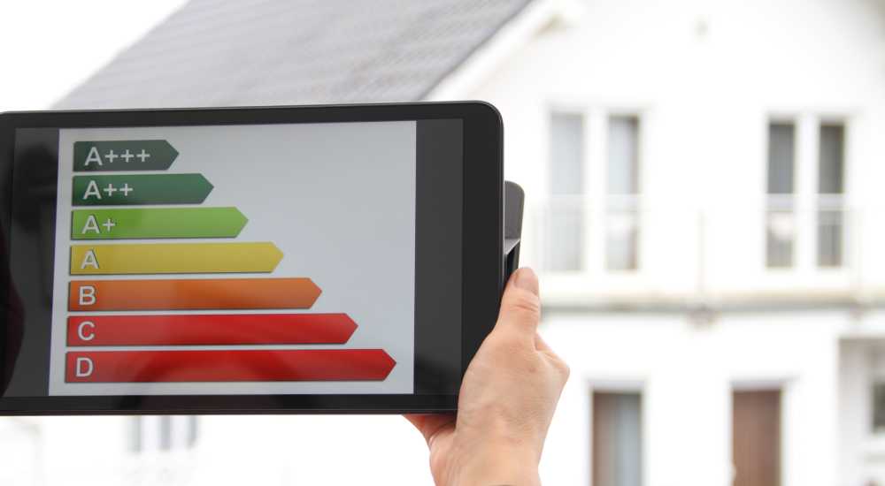 Een tablet met de verschillende EPC-labels met op de achtergrond een wit huis.