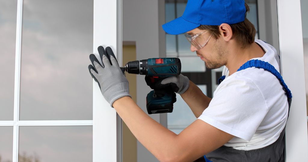 Een vakman die een pvc raam installeert.