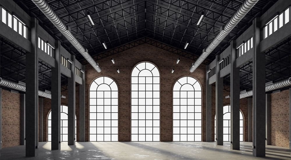 Stalen ramen in een magazijn in industriële stijl met een moderne twist.