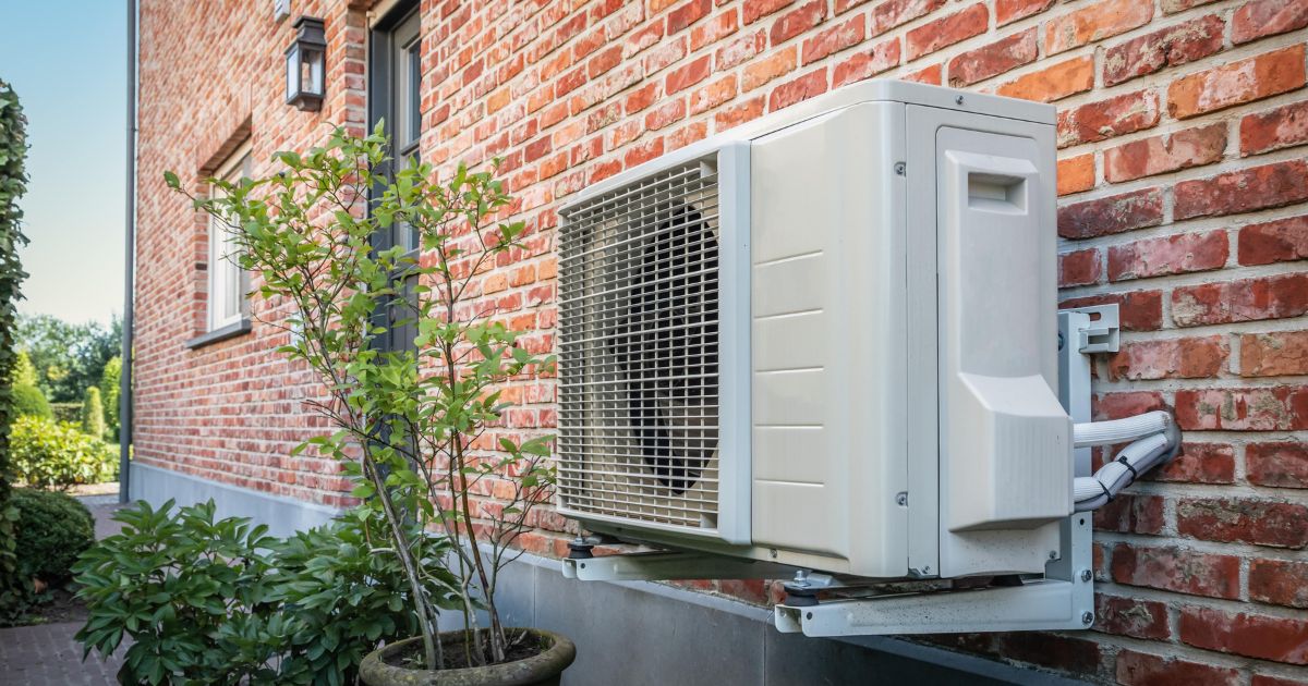Warmtepomp aan muur van een woning gemonteerd.