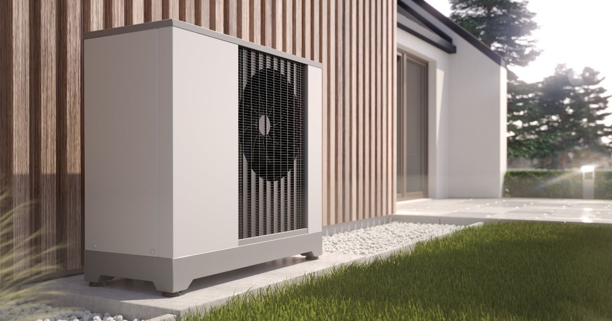 warmtepomp unit buiten naast een woning.