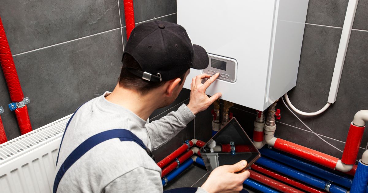 Erkend installateur installeert een warmtepompboiler.