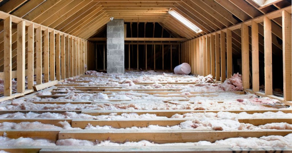 Hoe is deze zolder geïsoleerd? Met zacht isolatiemateriaal dat aangebracht werd tussen de houten vloerbalken.