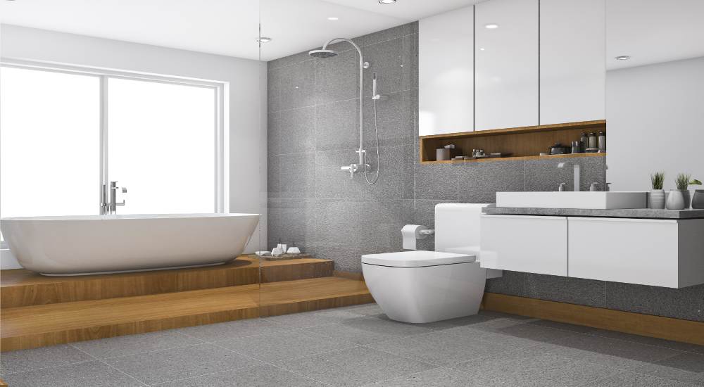 Moderne badkamer met houten badkamermeubels.