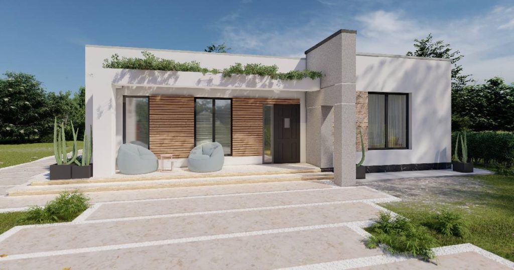 Een modern open huis met een plat dak en grote betegelde oprit.