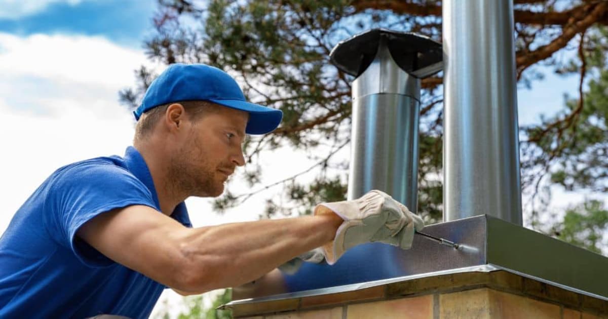 Een vakman die de schouw repareert.