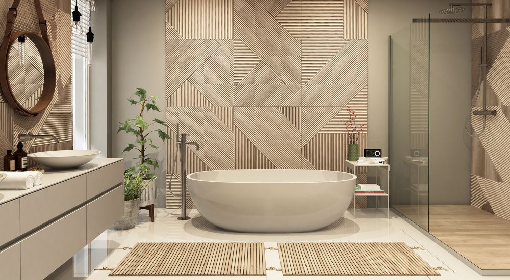 Een grote ruime badkamer met een losstaand bad, een inloopdouche en een zwevend wastafelmeubel. 