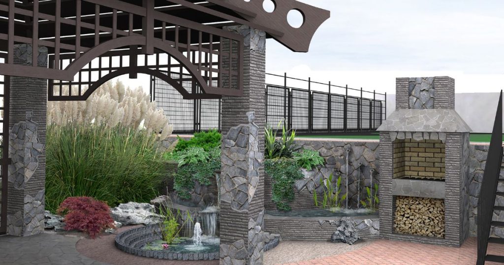 buitenterras met verschillende soorten natuursteen steenstrips