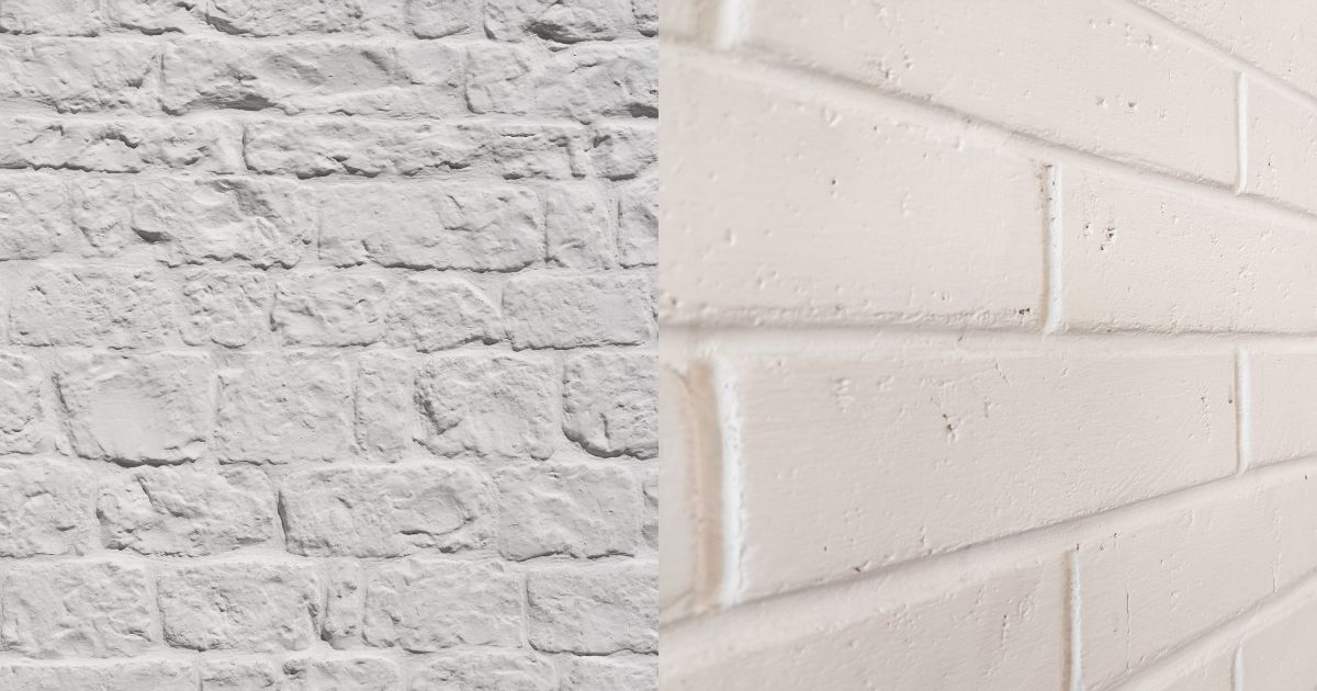 Close-up van een gekaleide gevel naast een geschilderde muur, ter illustratie van het verschil tussen gevel kaleien of schilderen.