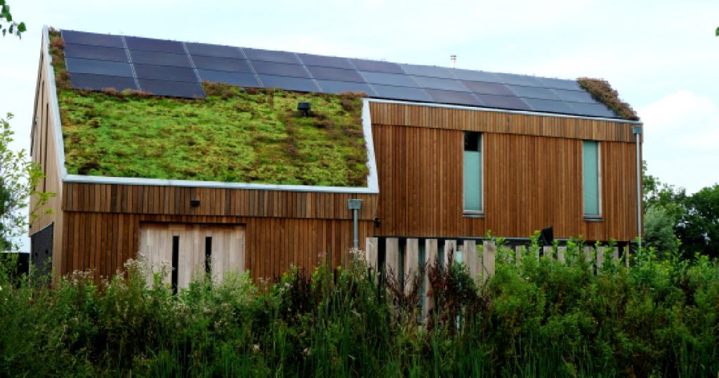 Een in het groen gelegen woning met zonnepanelen en een gedeeltelijk groendak.