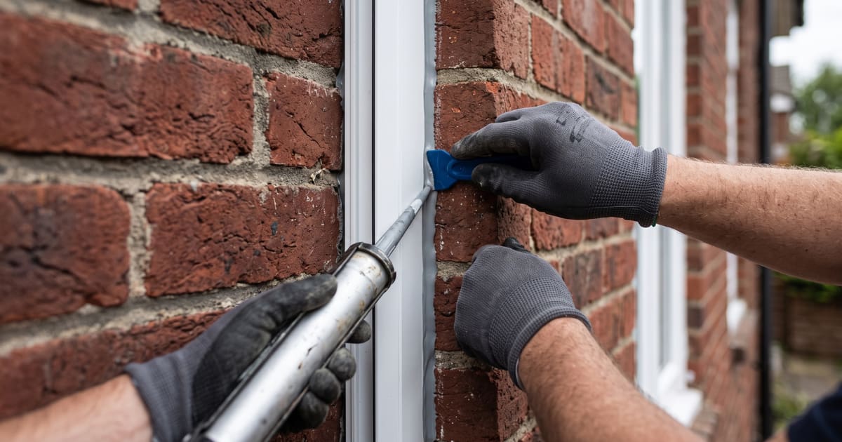 Monteur werkt de aansluiting tussen een wit kozijn en het metselwerk af