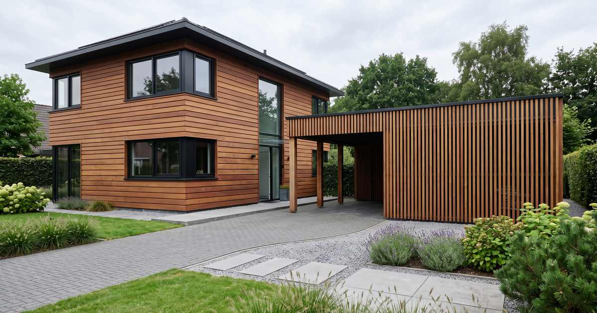 Woning met een gesloten afzelia blokprofiel naast een carport met open verticale afzelia latten
