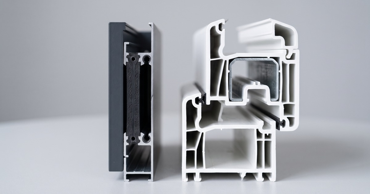 Doorsnede van een smal aluminium deurprofiel met thermische onderbreking naast een breder kunststof profiel