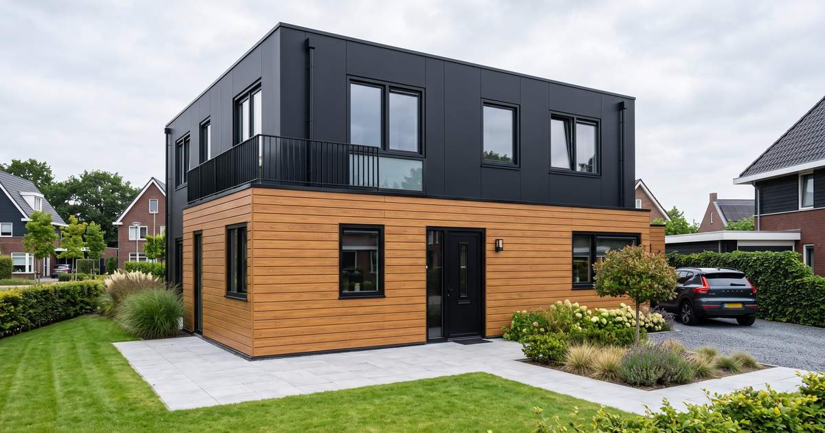 Woning met aluminium gevelbekleding in houtlook op de begane grond en matzwarte aluminium panelen op de verdieping
