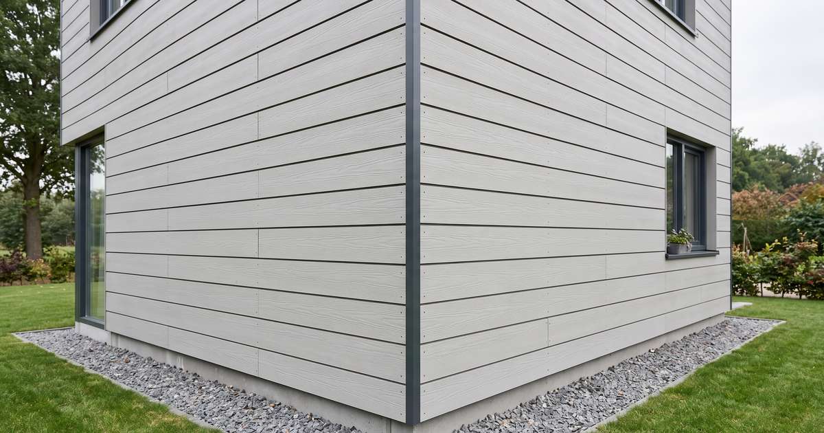 Buitenhoek van een woning met lichtgrijze gevelplanken en een antraciet aluminium hoekprofiel over de kopse kanten