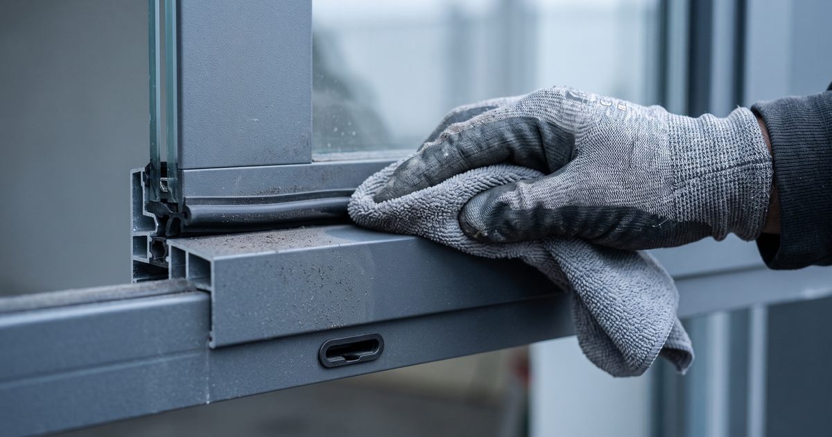 Hand met doek reinigt een gepoedercoat aluminium profiel met zichtbare afwateringssleuf