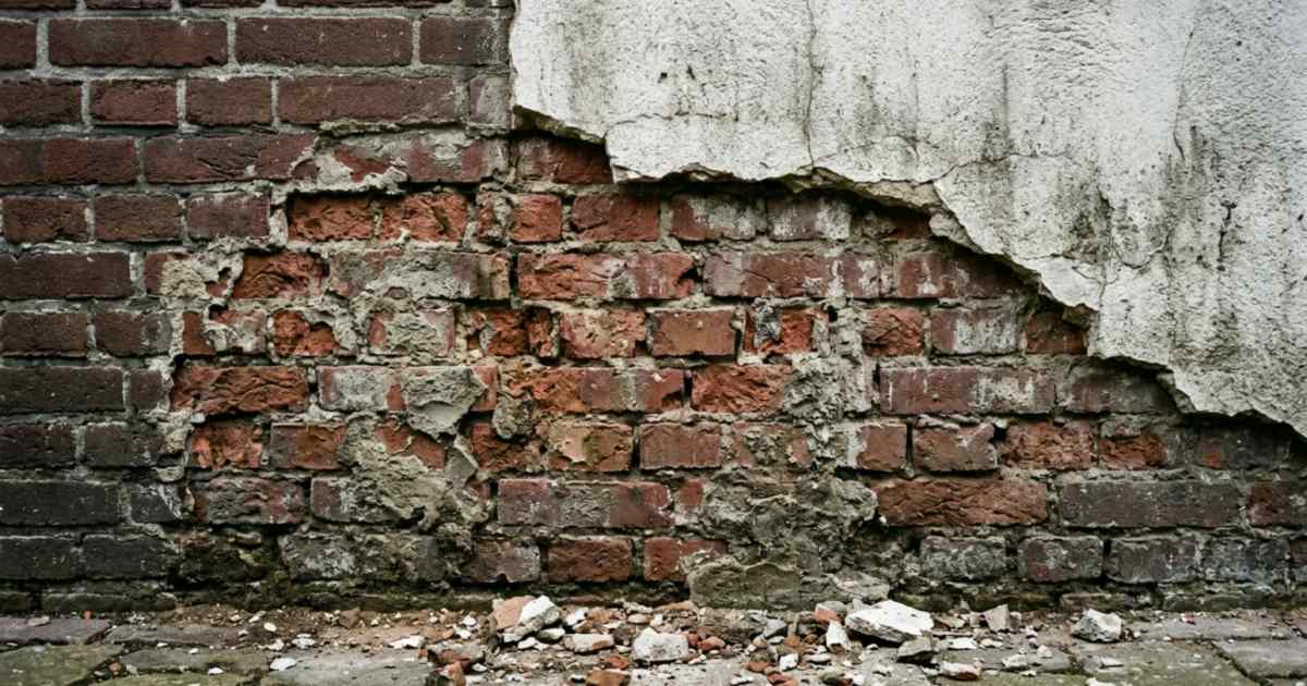 Bakstenen muur met beschadigde stenen en stucresten waar een oude stuclaag is weggehaald