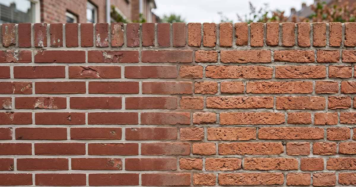 Bakstenen muur met links een gladde gave bakhuid en rechts een ruw en open oppervlak na zandstralen