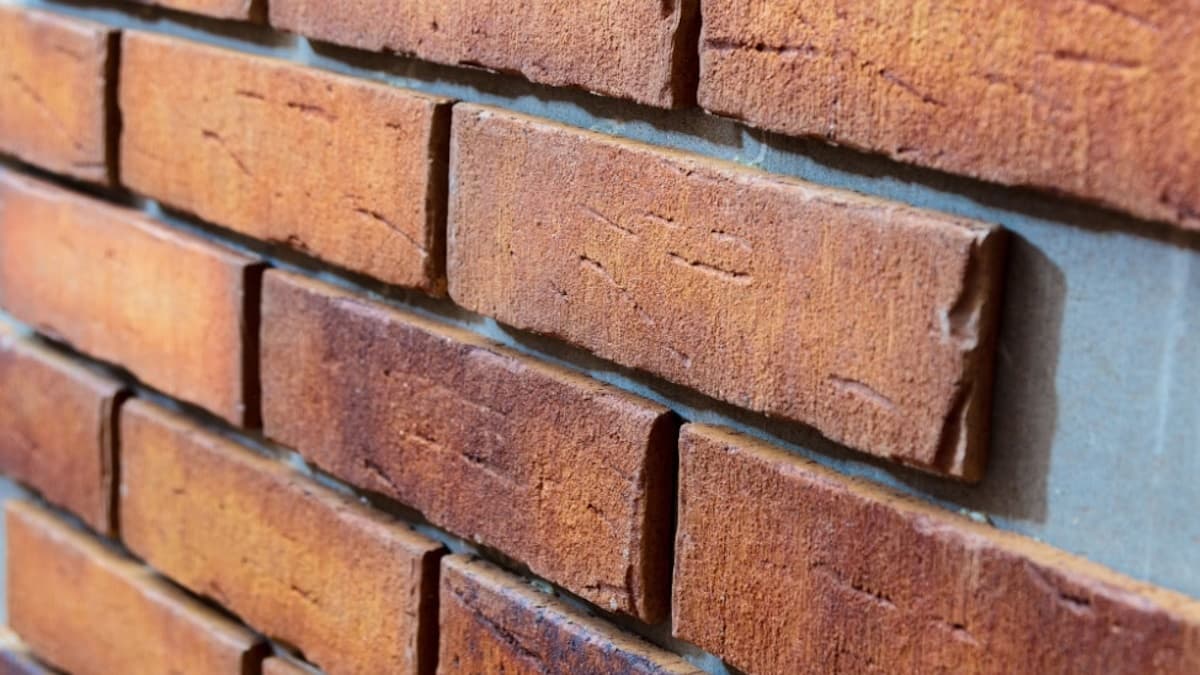 Een handvormbaksteen waarop de structuur goed zichtbaar is. De bakstenen hebben een oranje kleur.