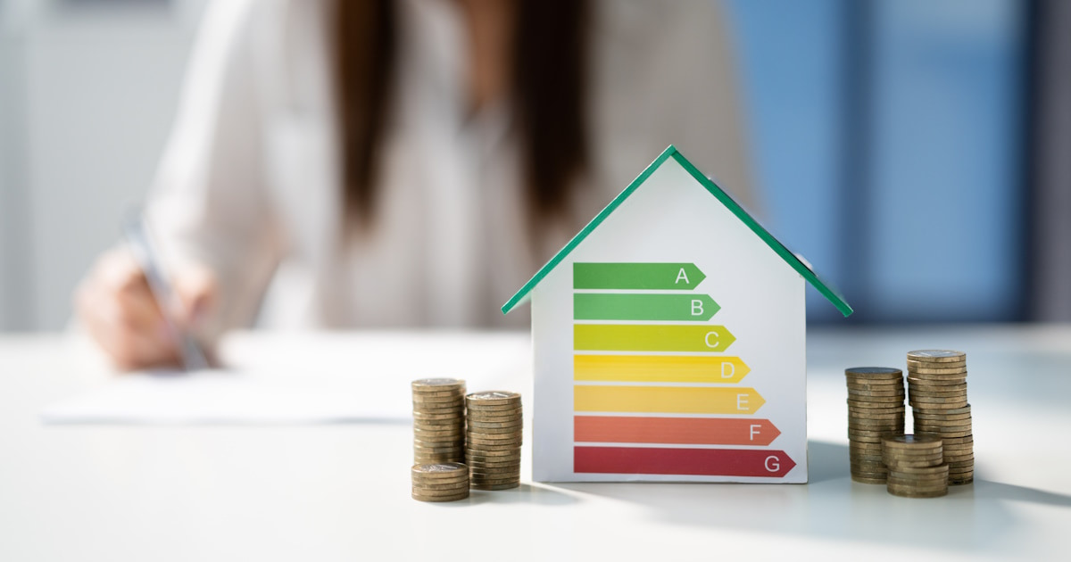 Een huis met energielabels erop en stapeltjes munten ernaast. Op de achtergrond maakt een vrouw berekeningen