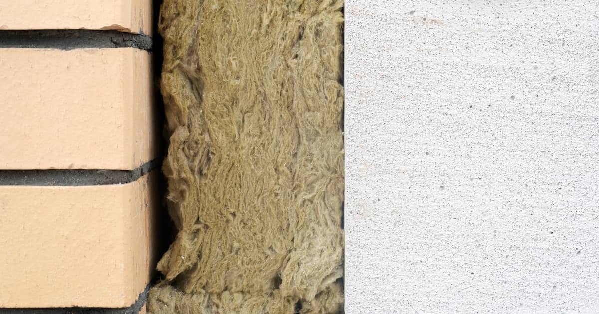 In deze doorsnede zie je hoe spouwmuurisolatie gemaakt van minerale wol tussen twee muren wordt geplaatst