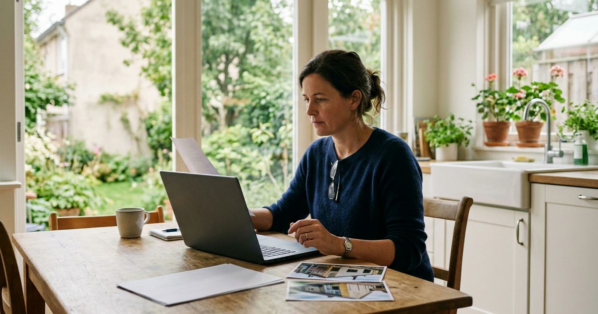 Bewoner zit aan tafel met een laptop, papieren en foto's van de gevel voor de subsidieaanvraag