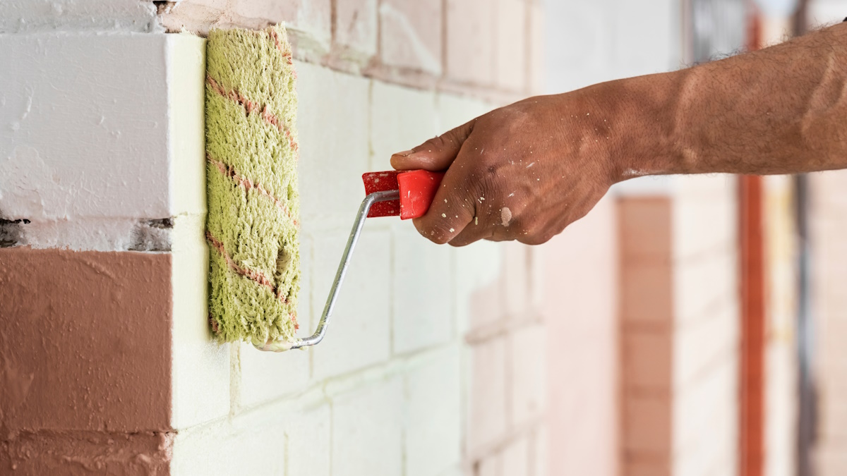 Een oranje gevel wordt in een lichte kleur geschilderd. De schilder gebruikt er een verfroller voor. Op de hand van de schilder zijn wat verfspatten zichtbaar.