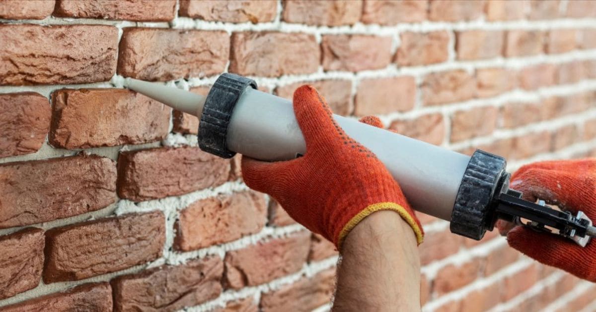 Een vochtbestrijder is de gevel met een spuit aan het impregneren met een waterafstotend middel.