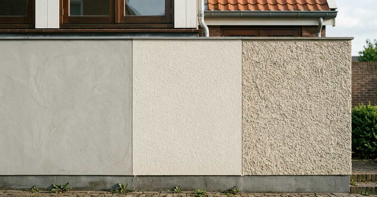 Gladde cementpleister, fijne sierpleister en grove spachtelputz naast elkaar op een buitenmuur