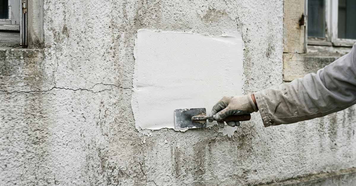Stukadoor werkt een plaatselijk herstelde plek in oude crepi af, met zichtbaar kleurverschil en een scheur ernaast