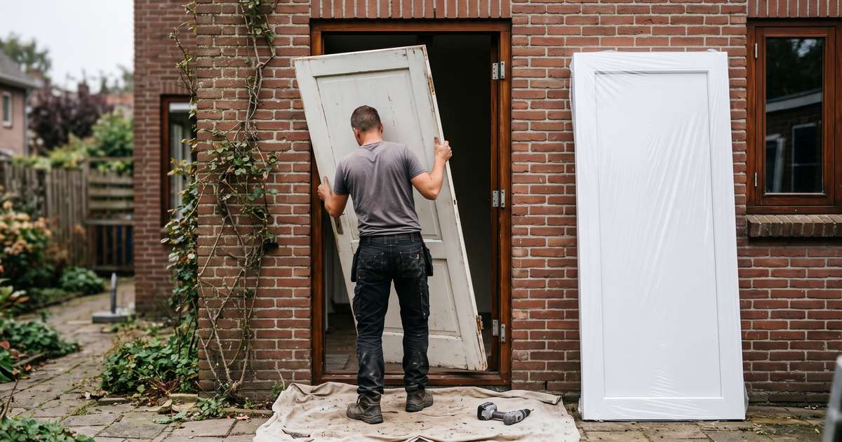 Monteur tilt een oud deurblad uit het bestaande kozijn, met een nieuw kunststof deurblad ernaast
