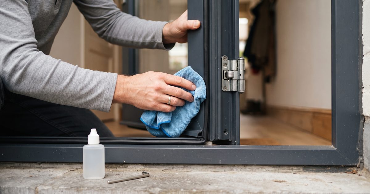 Handen maken het dichtingsrubber van een kunststof voordeur schoon, naast een verstelbaar scharnier