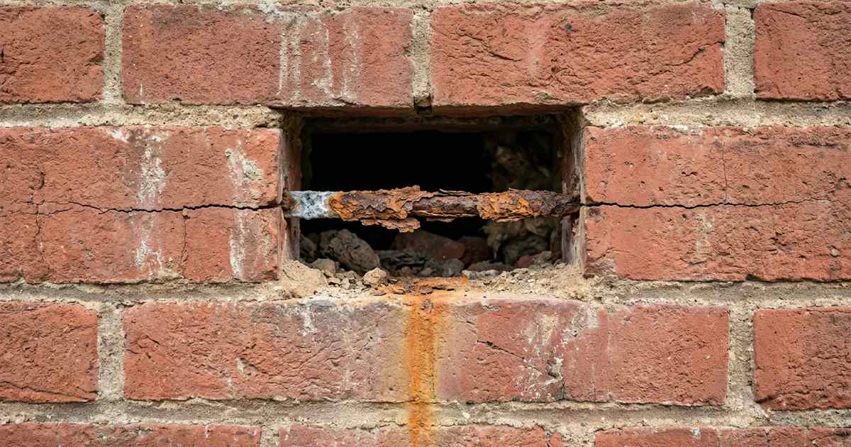 Doorgeroest spouwanker in een inspectieopening met een horizontale scheur en roestsporen in de voeg