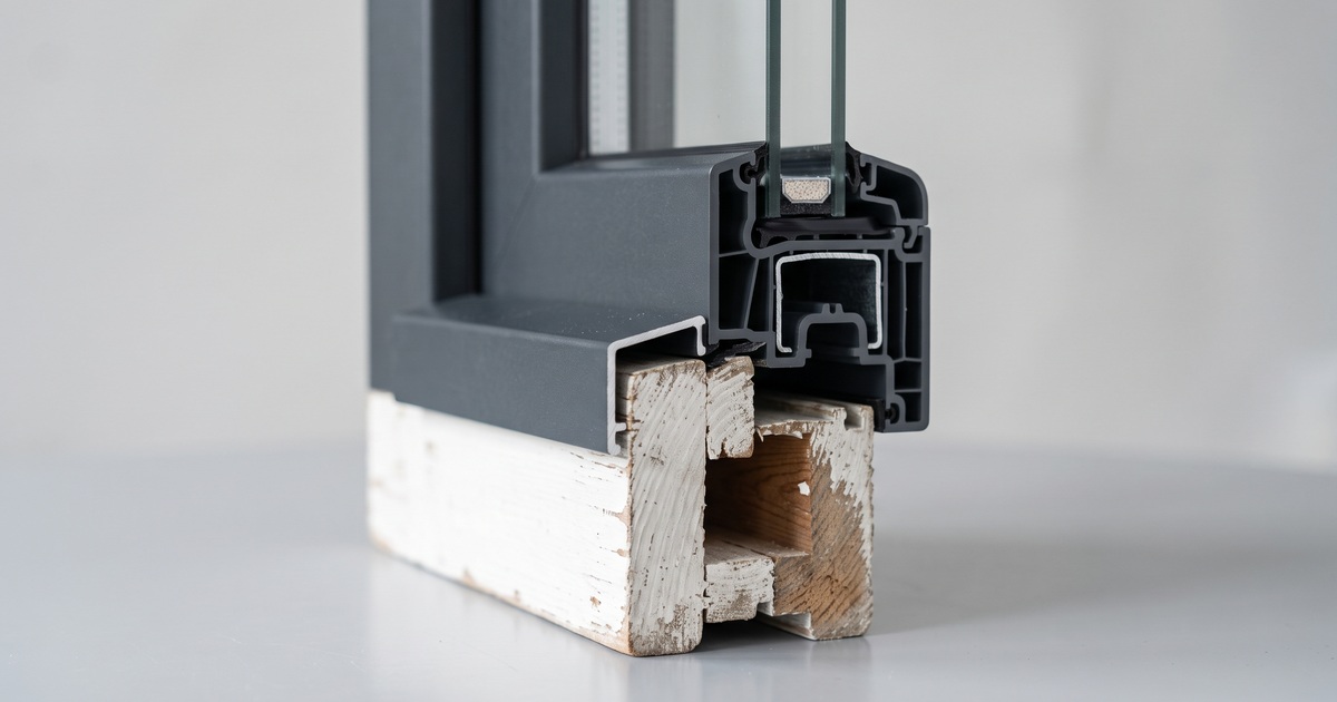 Doorsnede van een renovatieprofiel dat met een aanslag over het oude houten kozijn valt