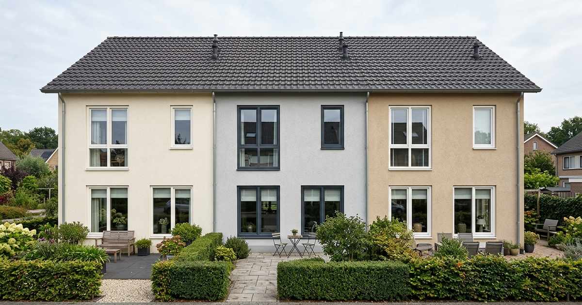 Drie rijtjeshuizen met spuitkurk in crème, lichtgrijs en zand