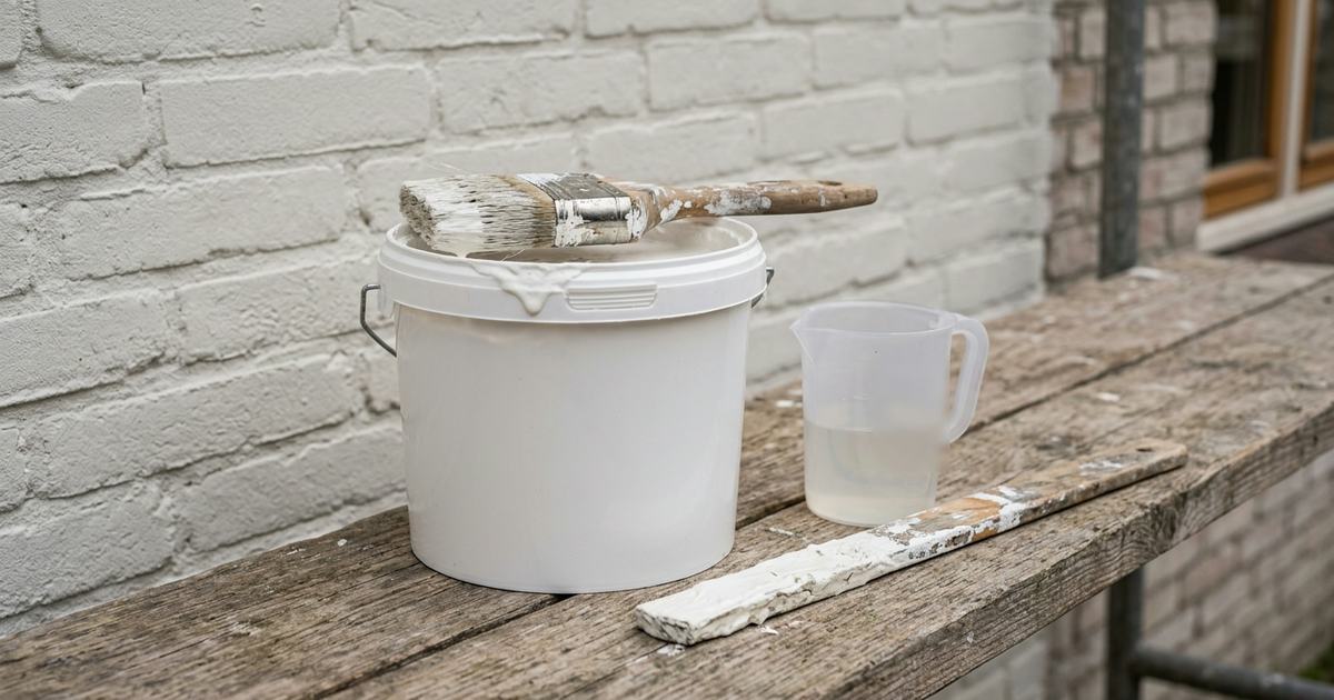 Emmer mineraalverf met een kwast en een beker bindmiddel op een steigerplank voor een gekeimde muur