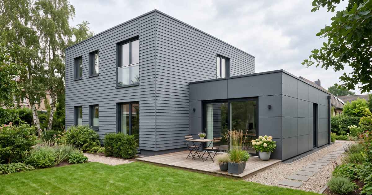 Woning met grijze vezelcement planken op het hoofdvolume en grote antraciet gevelplaten op de aanbouw met schuifpui