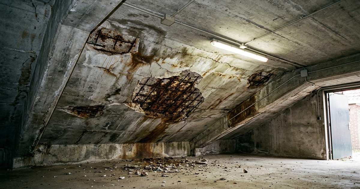 Garageplafond met betonrot, blootliggende roestende wapening en afgevallen brokken beton