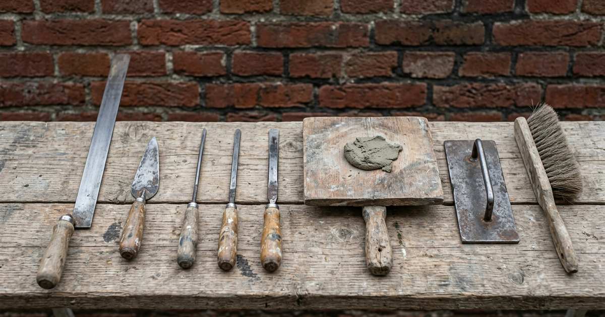 Knipvoegbeugel, voegmes, voegspijkers, voegspaan, aandrukijzer en borstel op een steigerplank