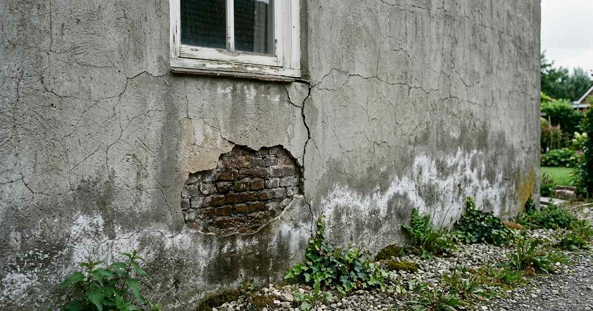 Oude massieve muur met een gescheurde cementlaag, een losgekomen plek, zoutuitbloei en vochtplekken