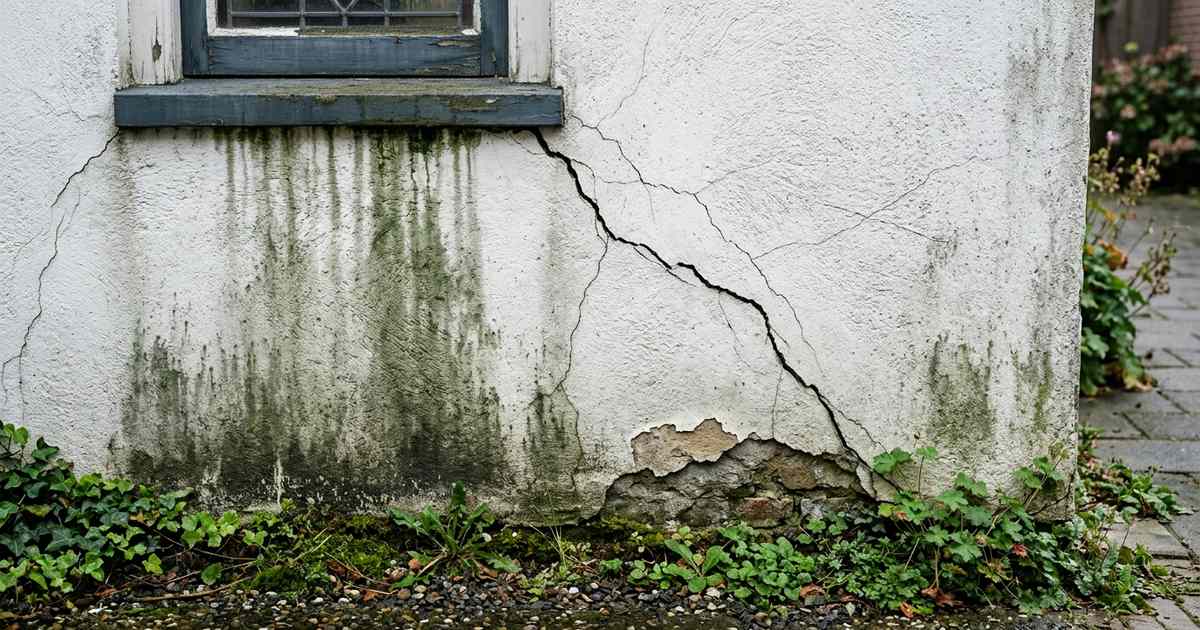 Gestucte gevel op de noordzijde met een diagonale scheur, groene aanslag en een losgekomen plek