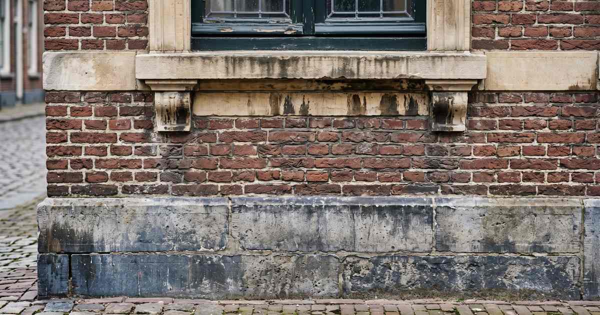Oude gevel met verweerde baksteen, een plint van blauwe hardsteen en een kalkstenen band met donkere aanslag