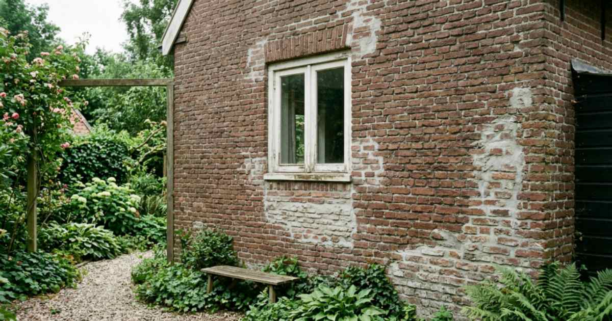Bakstenen gevel met plaatselijk herstelde voegen die lichter van kleur zijn dan het oude voegwerk