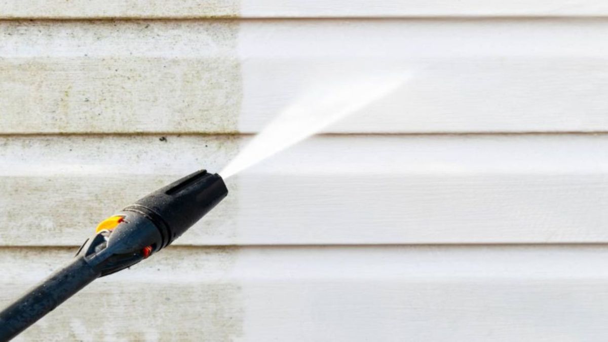 Close-up van een stoomreiniger die groene aanslag van een gevel verwijdert, met duidelijk voor-na effect.