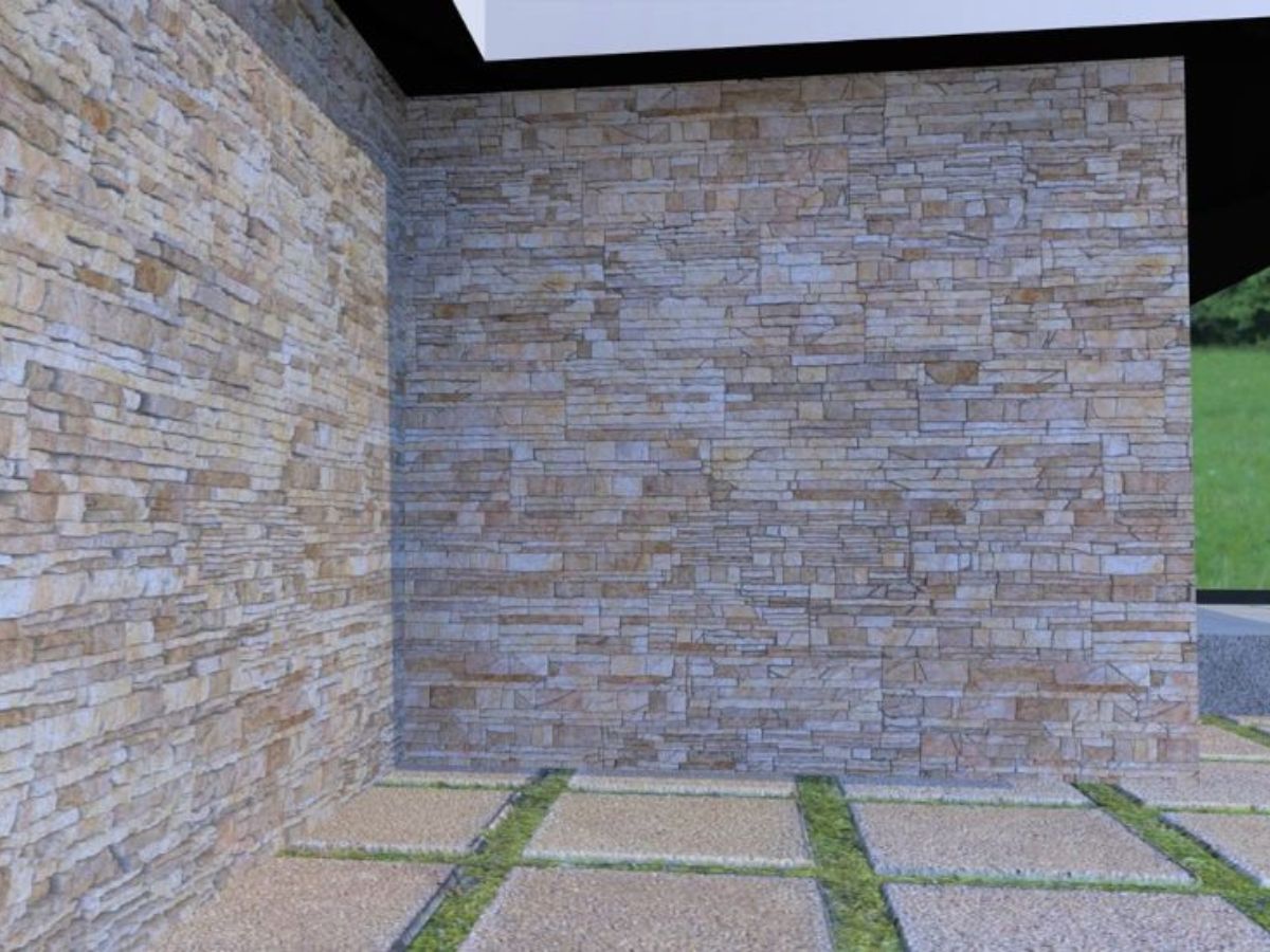 Moderne gevel met natuursteenstrips in verschillende tinten beige en grijs, gecombineerd met een betegeld terras.