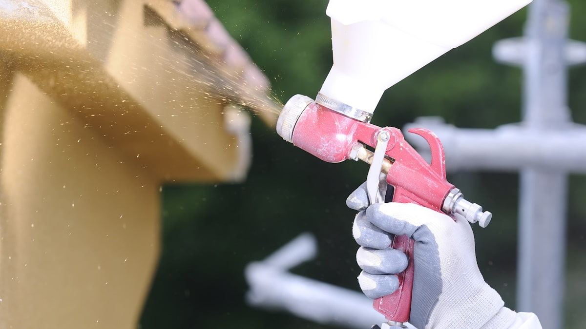 Spuitkurk wordt met een rood spuitpistool tegen de gevel gespoten. De gevelwerker draagt een beschermende, lichte handschoen.