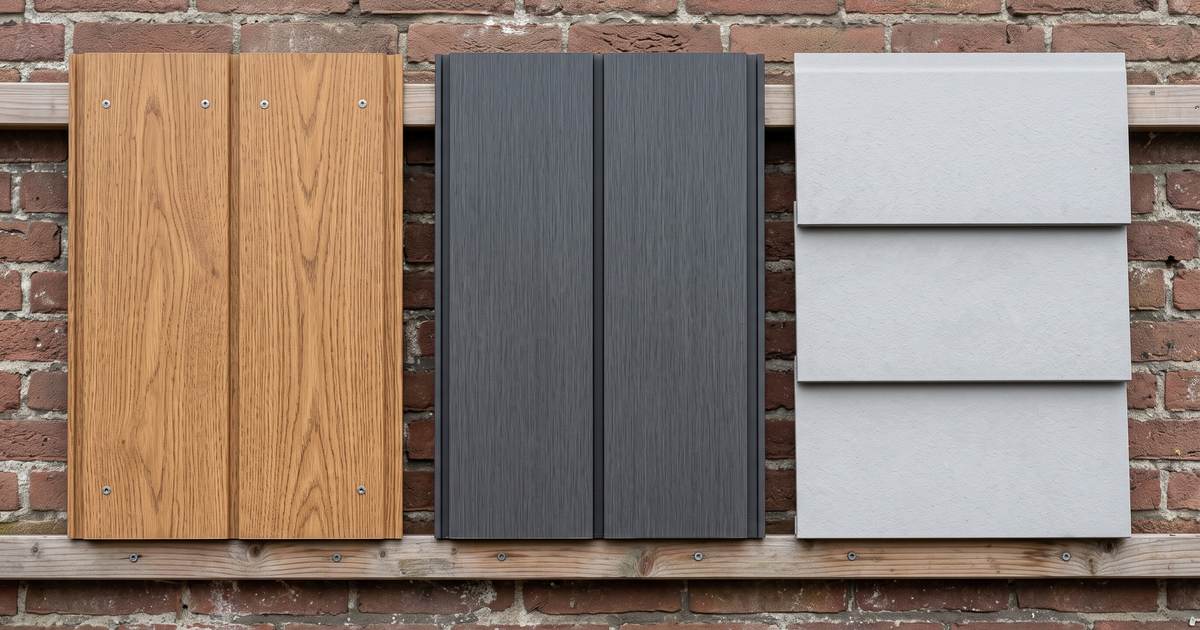 Pvc gevelpanelen in eikenlook, antraciet composiet en lichtgrijs vezelcement naast elkaar op regelwerk tegen een bakstenen muur