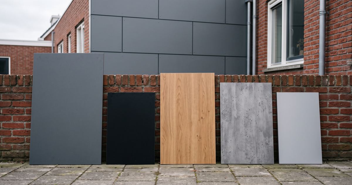 Gevelplaten in antraciet, zwart, houtdecor, betonlook en lichtgrijs in verschillende formaten tegen een bakstenen muur