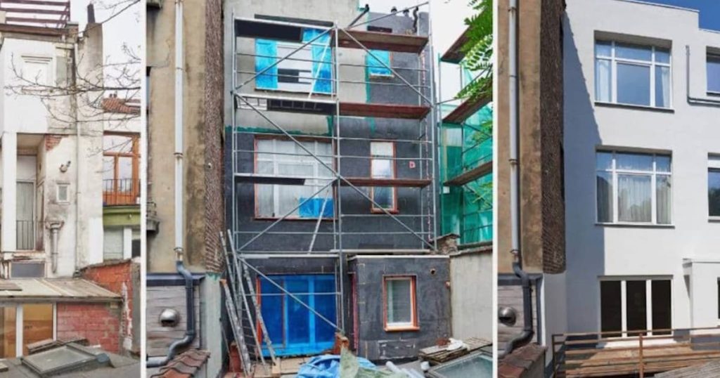 Het proces van een gevelrenovatie, met als resultaat een gloednieuwe witte gevel. 